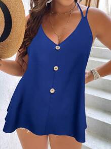 SHEIN LUNE Áo hai dây Plus Size Buộc lại màu trơn Giải trí - Màu xanh lam - Xem 3