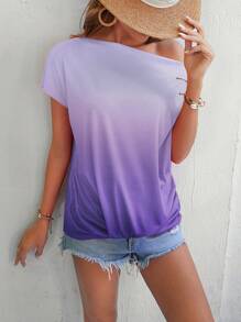 SHEIN LUNE Ombre Batwing Sleeve Ruched Tee - Purple - View 1