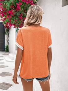 SHEIN LUNE Camiseta con encaje en contraste de manga murciélago - Naranja - Ver 2