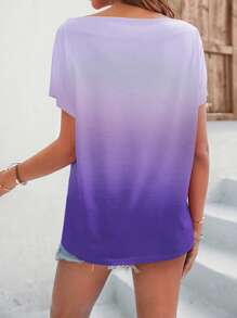 SHEIN LUNE Ombre Batwing Sleeve Ruched Tee - Purple - View 2