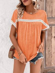 SHEIN LUNE Camiseta con encaje en contraste de manga murciélago - Naranja - Ver 4