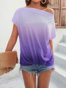 SHEIN LUNE Ombre Batwing Sleeve Ruched Tee - Purple - View 5