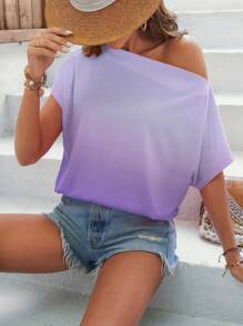 SHEIN LUNE Ombre Batwing Sleeve Ruched Tee - Purple - View 6