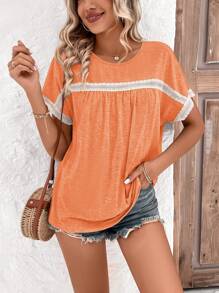 SHEIN LUNE Camiseta con encaje en contraste de manga murciélago - Naranja - Ver 6