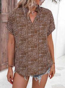 SHEIN LUNE Allover Print Notched Neck Batwing Sleeve Blouse - Coffee Brown - View 4