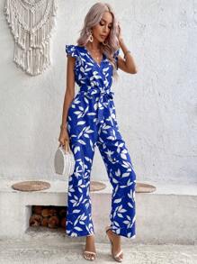 Breezaya Allover Print Ruffle Trim Belted Wide Leg Jumpsuit - Navy Blue - View 5