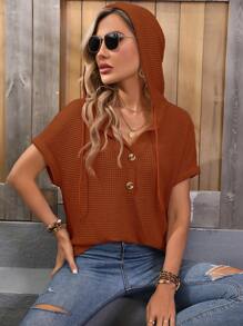 SHEIN LUNE Half Button Batwing Sleeve Drawstring Hooded Tee - Brown - View 5