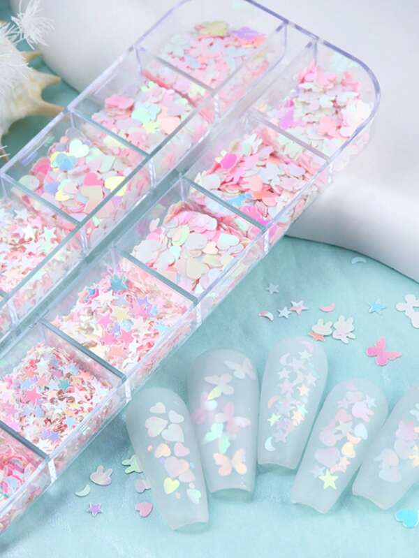 1 Caixa Kit de lantejoulas de unha de borboleta, coração, estrela e lua iridescentes para unhas estilo sereia, brilhante para charme de unhas e decoração de unhas, suprimentos de unhas DIY