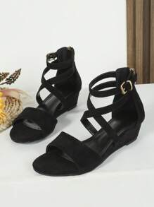 Women Buckle Decor Ankle Strap Sandals, Elegant Faux Suede Wedge Sandals,Spring Summer Outfits - Black - View 4