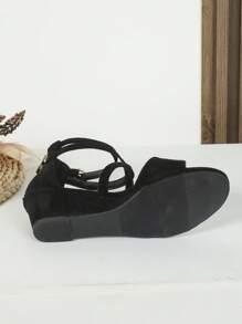 Women Buckle Decor Ankle Strap Sandals, Elegant Faux Suede Wedge Sandals,Spring Summer Outfits - Black - View 5