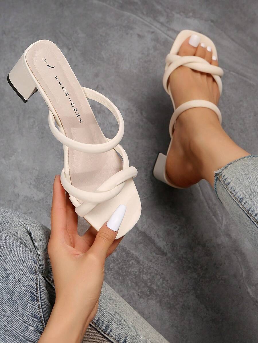 Xăng đan mule thanh lịch cho nữ, Xăng đan cao gót chunky chi tiết xoắn - Màu be - Xem 1