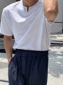 DAZY Nam Áo thun Bông Chất rắn Cổ có Lỗ hổng - trắng - Xem 2