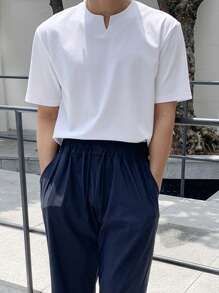 DAZY Nam Áo thun Bông Chất rắn Cổ có Lỗ hổng - trắng - Xem 3