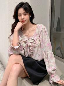 DAZY Allover Print Ruffle Trim Flounce Sleeve Blouse Long Sleeve Women - Multicolor - View 1