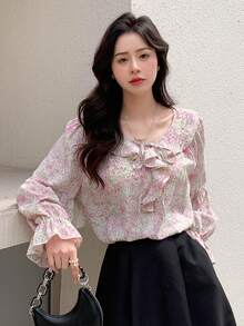 DAZY Allover Print Ruffle Trim Flounce Sleeve Blouse Long Sleeve Women - Multicolor - View 3