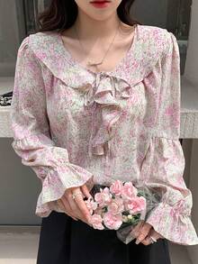 DAZY Allover Print Ruffle Trim Flounce Sleeve Blouse Long Sleeve Women - Multicolor - View 4
