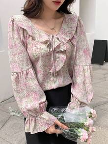 DAZY Allover Print Ruffle Trim Flounce Sleeve Blouse Long Sleeve Women - Multicolor - View 7