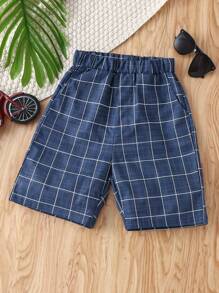 SHEIN Boys Grid Print Slant Pocket Shorts - Blue - View 1