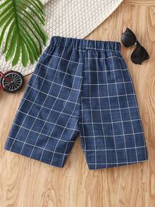 SHEIN Boys Grid Print Slant Pocket Shorts - Blue - View 2