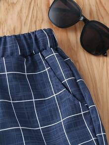 SHEIN Boys Grid Print Slant Pocket Shorts - Blue - View 3