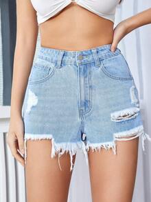SHEIN Essnce 破洞毛邊牛仔短褲 - 淺色水洗藍 - 查看 5