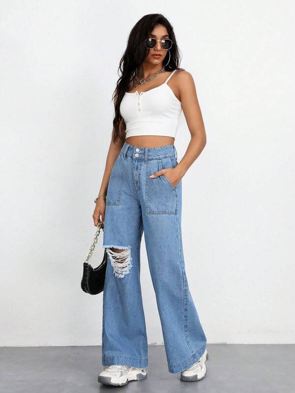 Ripped Wide Leg Jeans SHEIN USA