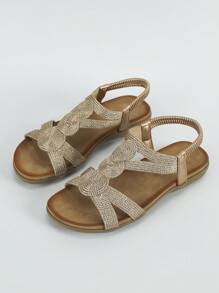 Vacation Slingback Sandals For Women, Metallic Braid Detail Flat Sandals - Champagne - View 3