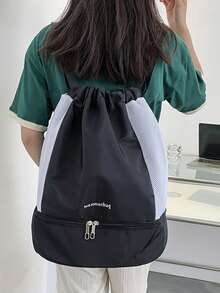 Letter Embroidered Drawstring Backpack - Black - View 2