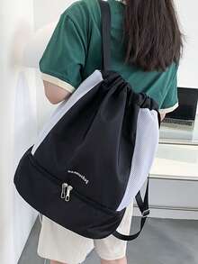 Letter Embroidered Drawstring Backpack - Black - View 4