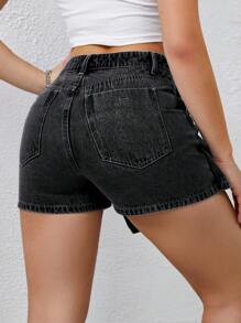 SHEIN ICON 紐扣門襟前圍裹牛仔裙褲 - 黑色 - 查看 2