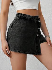 SHEIN ICON 紐扣門襟前圍裹牛仔裙褲 - 黑色 - 查看 4