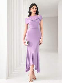 Modelyn Draped Front Ruffle Hem Dress - Lilac Purple - View 3