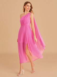SHEIN Belle One Shoulder Ruched Split Thigh Chiffon Bridesmaid Dress - Pink - View 6