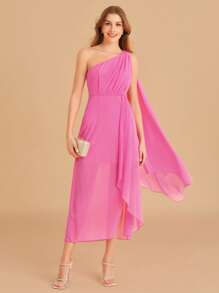 SHEIN Belle One Shoulder Ruched Split Thigh Chiffon Bridesmaid Dress - Pink - View 5