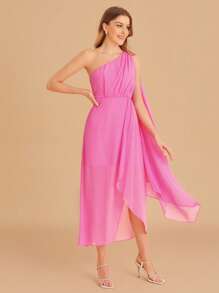 SHEIN Belle One Shoulder Ruched Split Thigh Chiffon Bridesmaid Dress - Pink - View 1