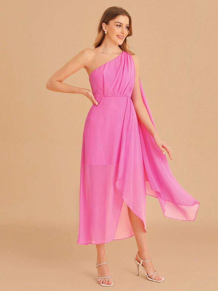 SHEIN Belle One Shoulder Ruched Split Thigh Chiffon Bridesmaid Dress - Pink - View 1