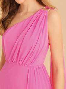 SHEIN Belle One Shoulder Ruched Split Thigh Chiffon Bridesmaid Dress - Pink - View 2