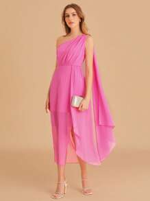 SHEIN Belle One Shoulder Ruched Split Thigh Chiffon Bridesmaid Dress - Pink - View 4