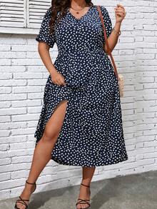 SHEIN LUNE Plus Allover Print Split Thigh Dress - Blue and White - View 2