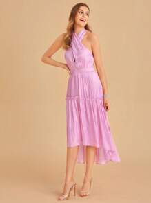 SHEIN Belle Crisscross Halter Neck Hem cao thấp Váy phù dâu - Màu Lilac Tím - Xem 4