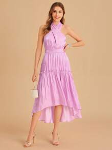 SHEIN Belle Crisscross Halter Neck Hem cao thấp Váy phù dâu - Màu Lilac Tím - Xem 1
