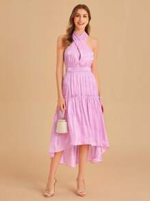 SHEIN Belle Crisscross Halter Neck Hem cao thấp Váy phù dâu - Màu Lilac Tím - Xem 6