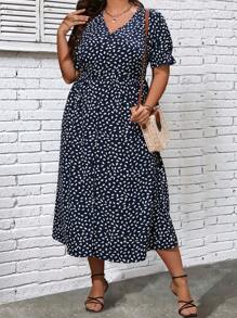 SHEIN LUNE Plus Allover Print Split Thigh Dress - Blue and White - View 1