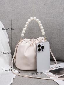 Túi Xô Mini Vải Dập Nổi Ngọc Trai Giả Dây Rút PU - trắng - Xem 3