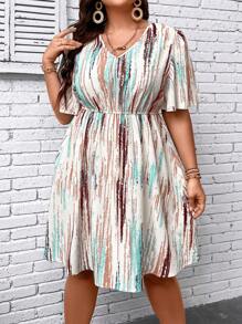 SHEIN LUNE 大碼筆刷圖案V領洋裝 - 彩色 - 查看 3