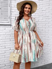 SHEIN LUNE 大碼筆刷圖案V領洋裝 - 彩色 - 查看 4