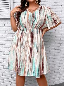 SHEIN LUNE 大碼筆刷圖案V領洋裝 - 彩色 - 查看 6