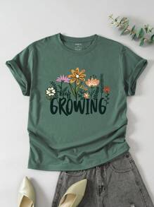 SHEIN EZwear Áo thun Plus size Hoa Lá thư Giải trí - Màu xanh lá cây đậm - Xem 1