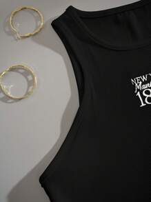 INAWLY 字母图案短款背心 图案 T 恤 女式上衣 - 黑色 - 查看 4