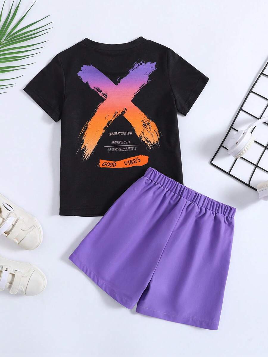 SHEIN Chàng trai trẻ Giải trí Mát mẻ Slogan In Ngắn tay Áo thun Và Bộ quần short Cho mùa hè - Nhiều màu - Xem 1